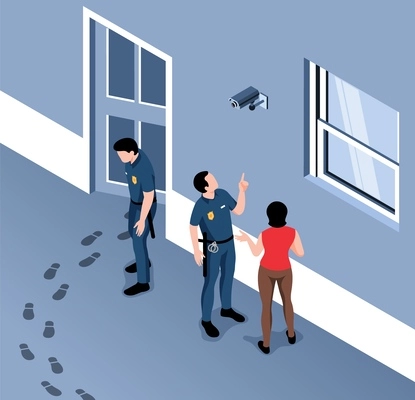 Isometric home security composition with crime scene trails of thief police officers house owner and camera vector illustration