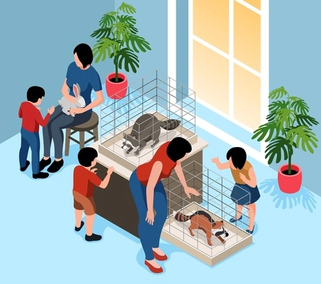 Isometric mini zoo children composition with indoor scenery cages with wild animals with kids and adults vector illustration