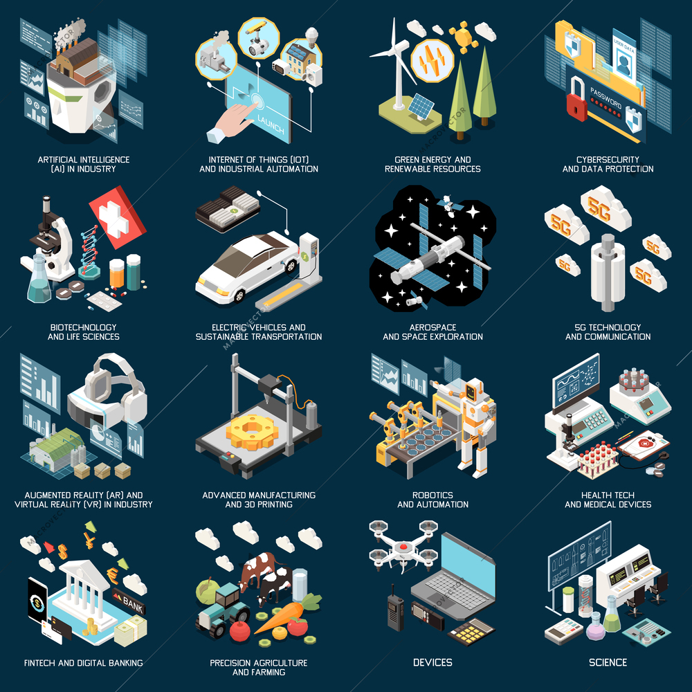 Various sectors of modern industry isometric set isolated on dark background vector illustration