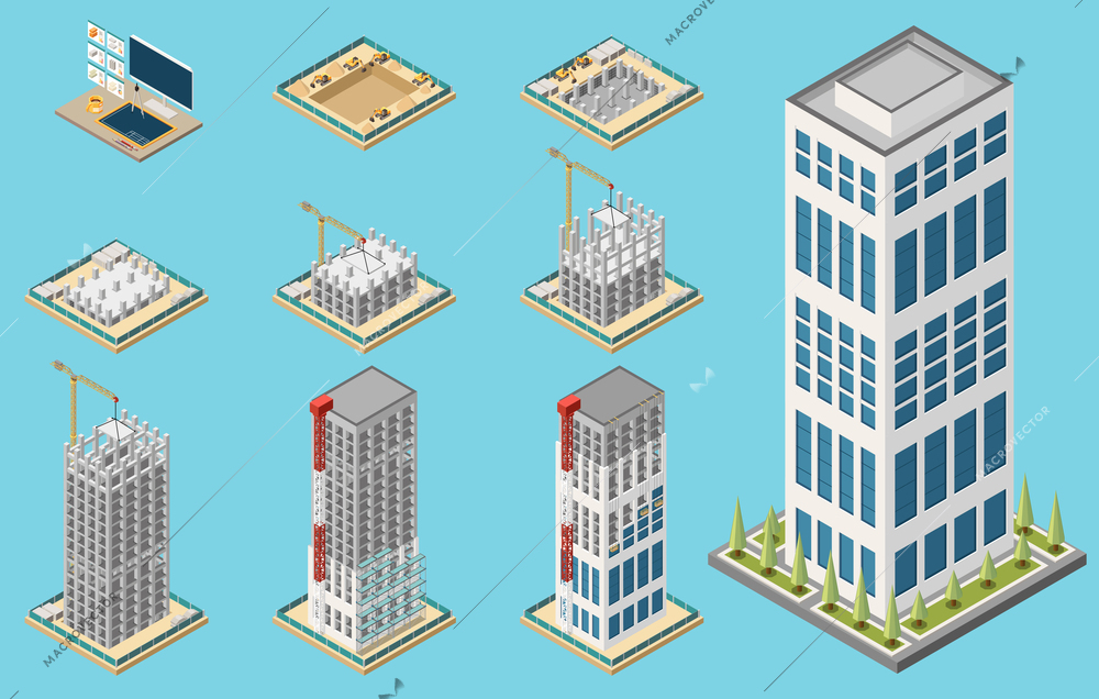 Isometric set of skyscraper construction process stages isolated on blue background 3d vector illustration