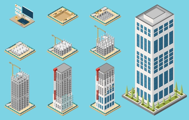 Isometric set of skyscraper construction process stages isolated on blue background 3d vector illustration