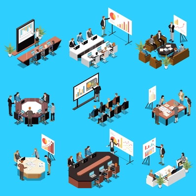 Business meeting isometric set of men and women in conference rooms isolated on blue background vector illustration