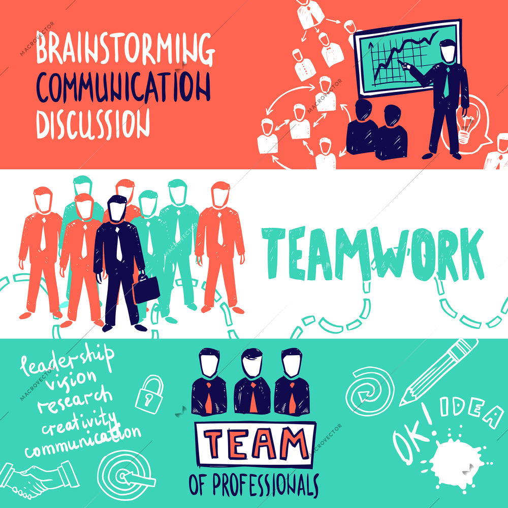 Teamwork banners horizontal set with brainstorming communication discussion sketch elements isolated vector illustration