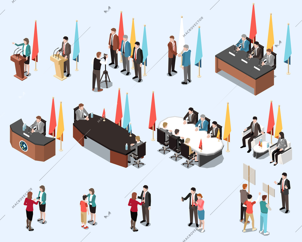 Isometric set of male and female politicians during negotiations debates communicating with press and people isolated vector illustration