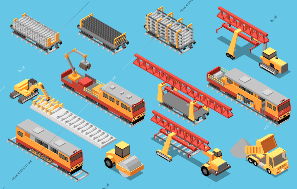Isometric set of machinery and materials for railroad building and track laying isolated on blue background vector illustration