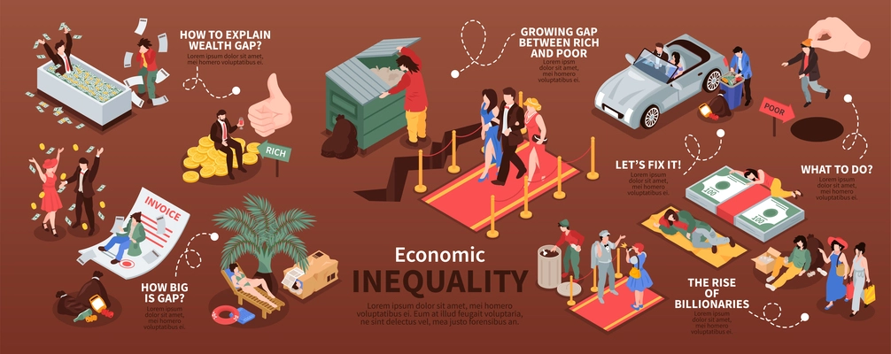 Isometric gap between rich and poor people infographics with wealth and poverty icons and editable text vector illustration