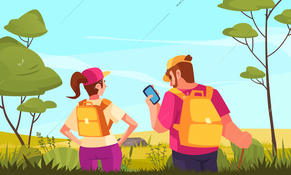 Man and woman with backpacks going hiking checking route on smartphone flat vector illustration