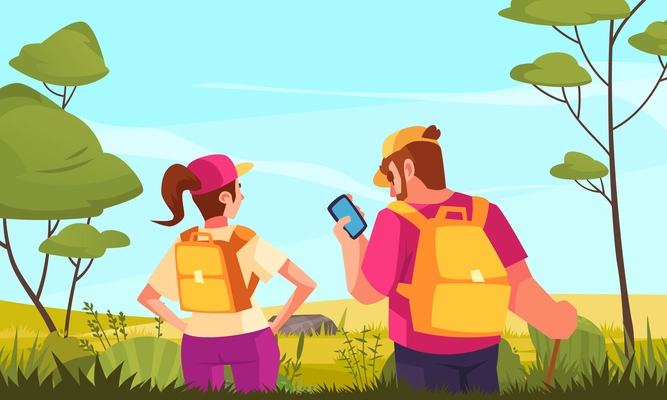 Man and woman with backpacks going hiking checking route on smartphone flat vector illustration