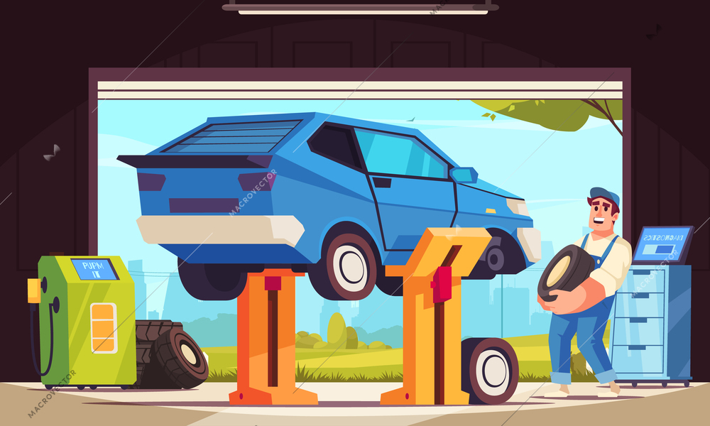 Happy auto service mechanic changing tyres in garage flat vector illustration