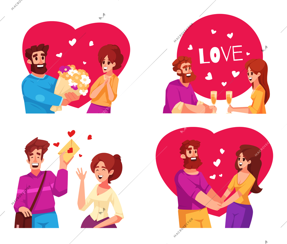 Love story 2x2 design concept set of cartoon couples in valentines day isolated vector illustration