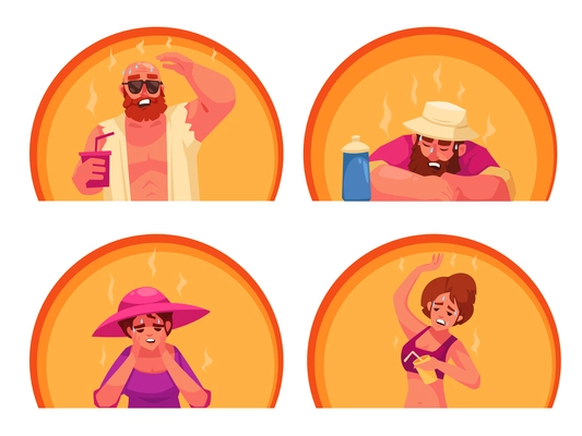 Hot weather 2x2 flat set of people suffering from heat wave stoke in very hot temperature isolated vector illustration