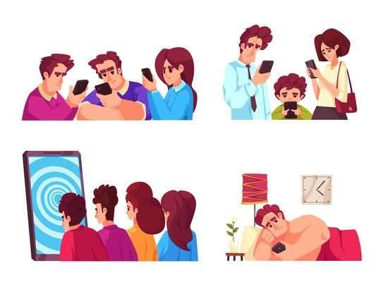 Smartphone addiction 2x2 flat set of compositions with people looking in their phones isolated vector illustration