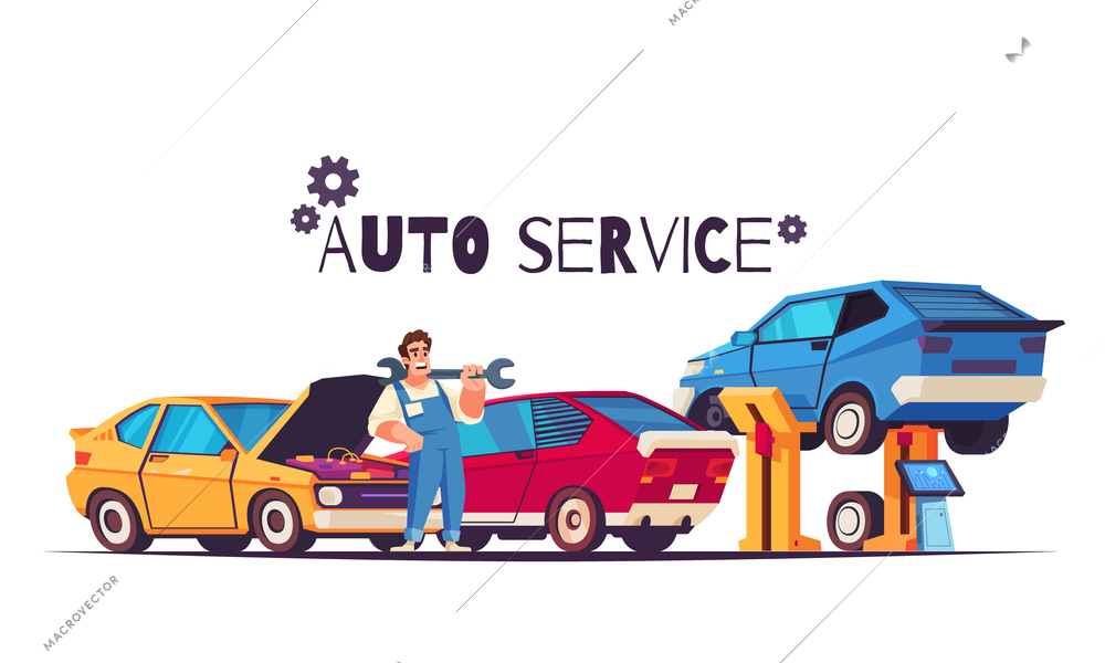 Auto service design concept with car on lift and male character in uniform holding big spanner vector illustration