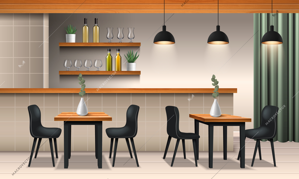 Cafe interior realistic composition with bar counter and restaurant furniture vector illustration