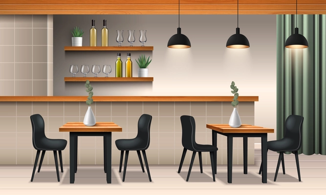 Cafe interior realistic composition with bar counter and restaurant furniture vector illustration