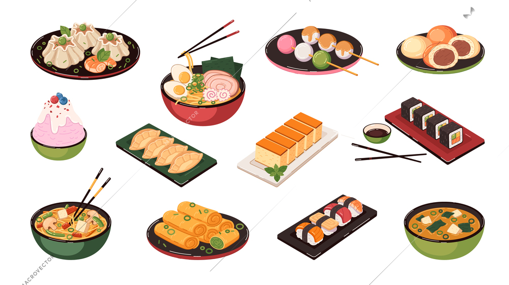 Asian food flat icons set with sushi and soup bowls isolated vector illustration
