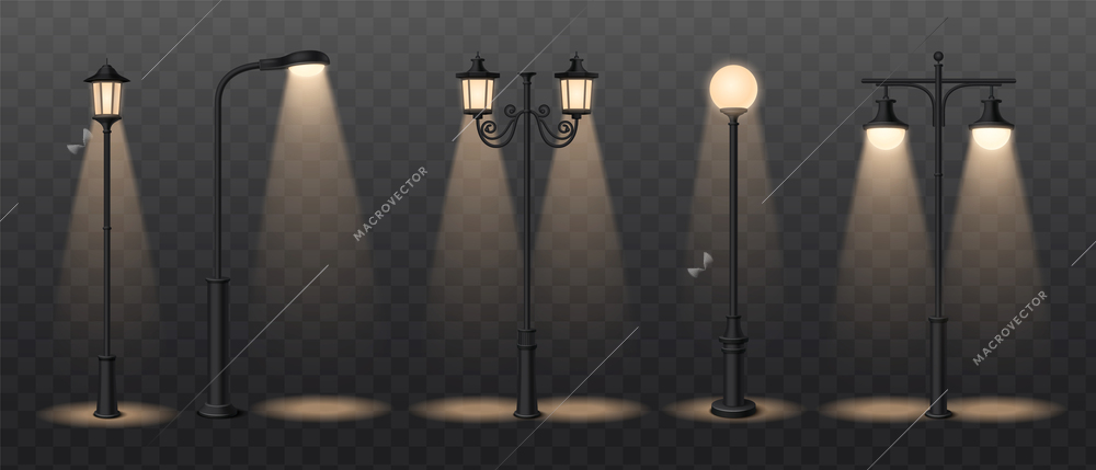 Street lamp realistic icons set with spotlights on transparent background isolated vector illustration