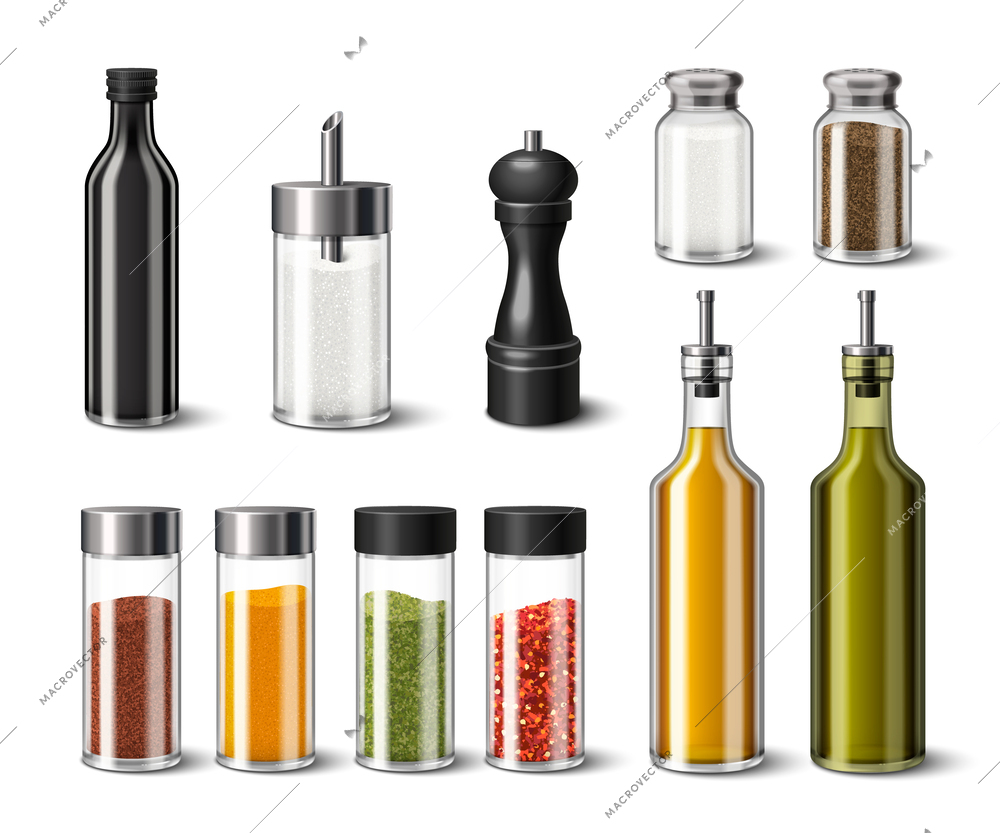 Kitchen spices realistic icons set with salt pepper and seasonings on white background isolated vector illustration