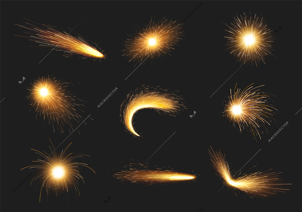 Metal welding sparks realistic icons set with iron cutting fireworks isolated vector illustration