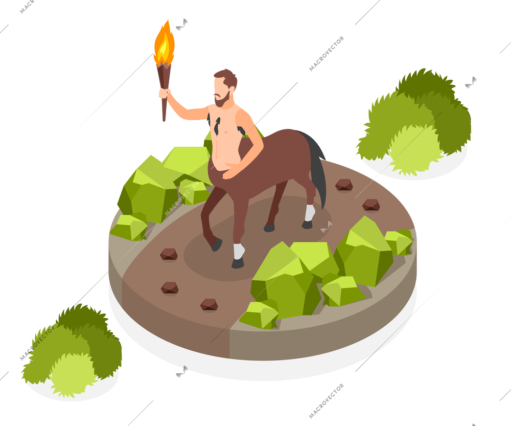Fairy tale creatures isometric composition with hero of greek mythology centaur holding torch in hand vector illustration