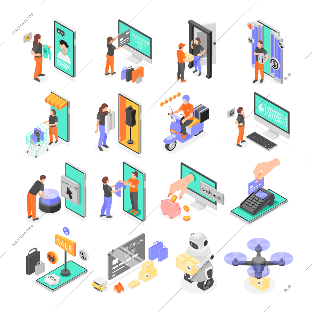 Electronic commerce isometric set of men and women in various activities of online shopping isolated vector illustration