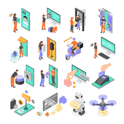 Electronic commerce isometric set of men and women in various activities of online shopping isolated vector illustration