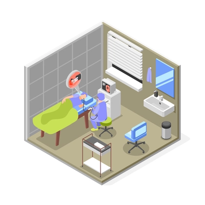 Gastroscopy isometric composition with patient lying on his side and specialist conducting medical procedure using high tech equipment vector illustration