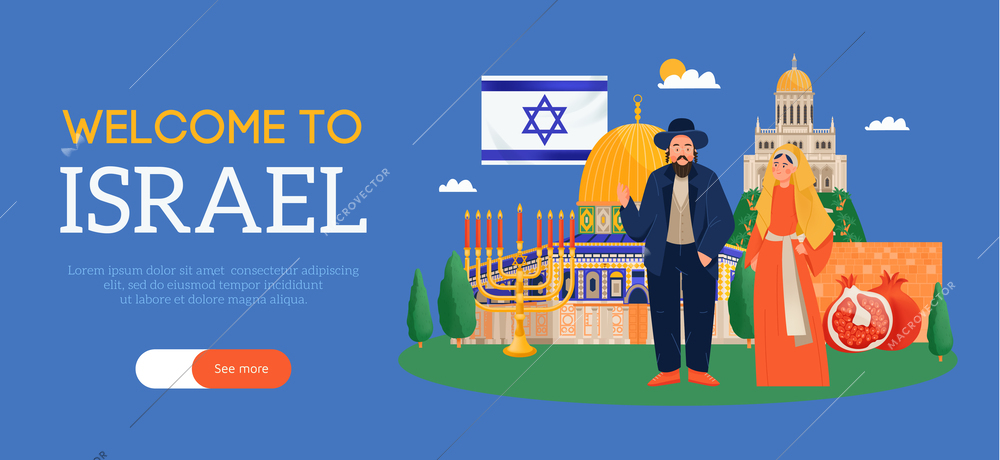 Welcome to israel horizontal banner in flat style with couple of jewish people landmarks menorah pomegranate flag vector illustration