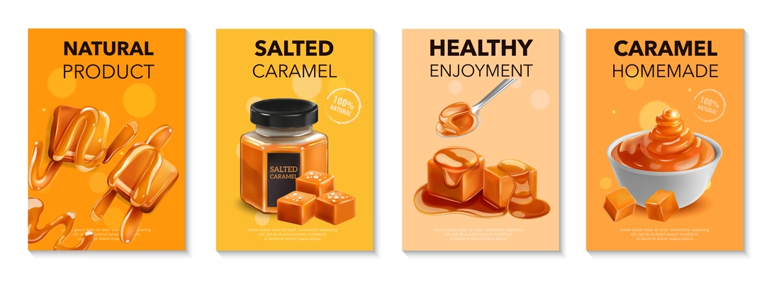 Caramel realistic ad posters set representing natural healthy homemade product isolated vector illustration