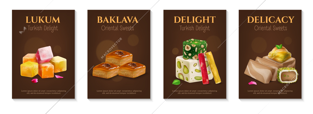 Collection of realistic posters advertising lukum baklava turkish delight and delicacy isolated vector illustration