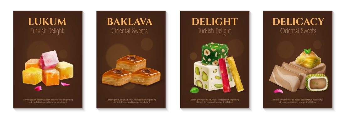 Collection of realistic posters advertising lukum baklava turkish delight and delicacy isolated vector illustration