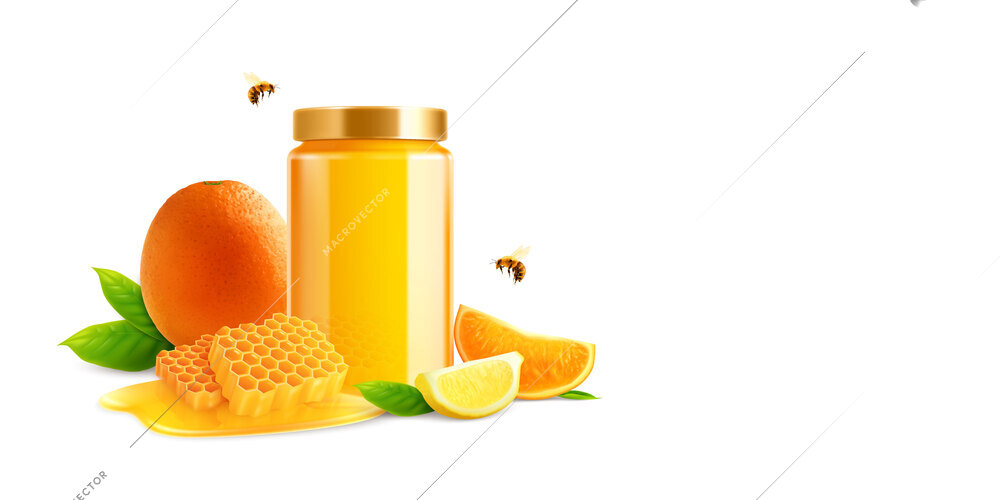 Honey and citrus realistic composition with isolated view of honeycomb orange lemon cuts on white background vector illustration