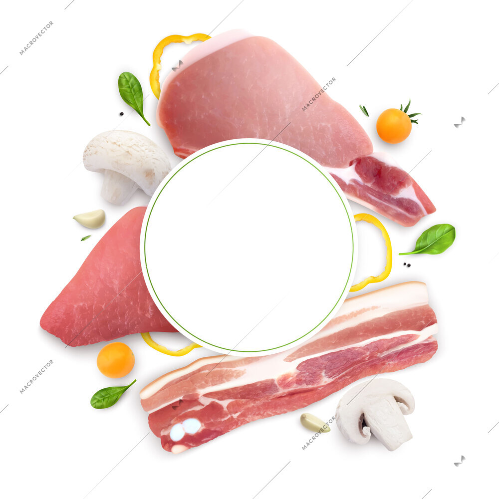 Meat and vegetables realistic frame composition with empty circle in front of raw meat with spices vector illustration