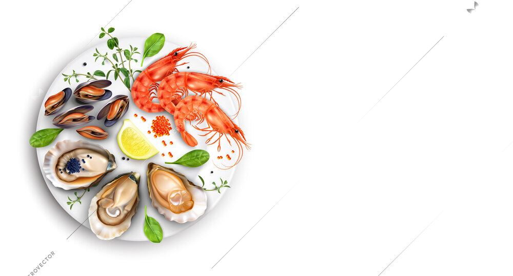 Seafood plate on white background composition with isolated realistic top view of gourmet dish with shadow vector illustration