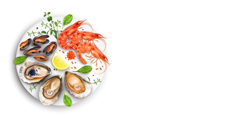 Seafood plate on white background composition with isolated realistic top view of gourmet dish with shadow vector illustration