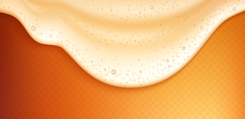 Beer foam realistic composition with puddle of foam with bubbles and orange gradient background with transparency vector illustration