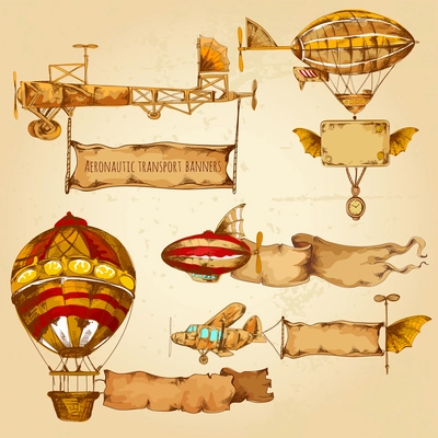 Old style airships with advertising banners hand drawn set isolated vector illustration