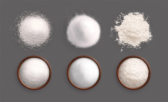 Salt sugar flour set of isolated white powder piles dishes top view images on transparent background vector illustration