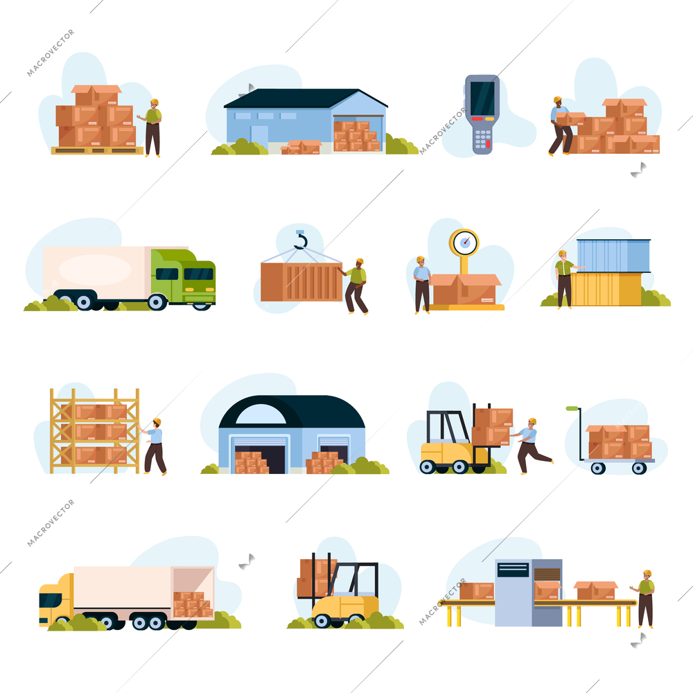 Warehouse logistic flat icons set with shipping and storage symbols isolated vector illustration