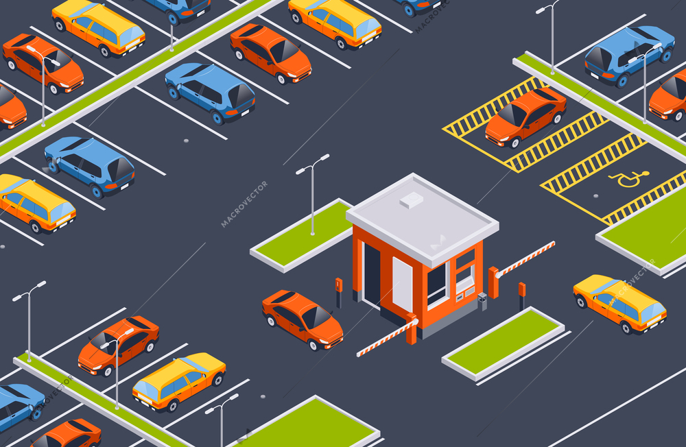 Isometric parking composition with outdoor view of parking lot with cars laying and cash register booth vector illustration