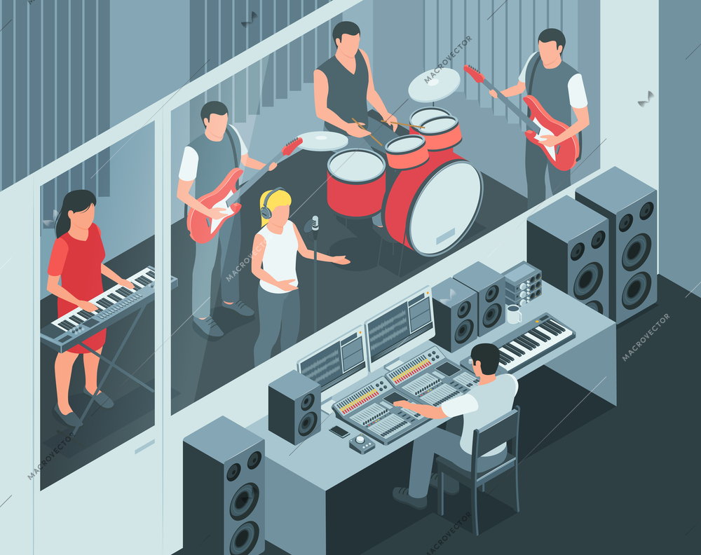Isometric music studio composition with indoor view of sound engineer recording live band with mixing console vector illustration