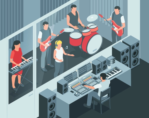 Isometric music studio composition with indoor view of sound engineer recording live band with mixing console vector illustration