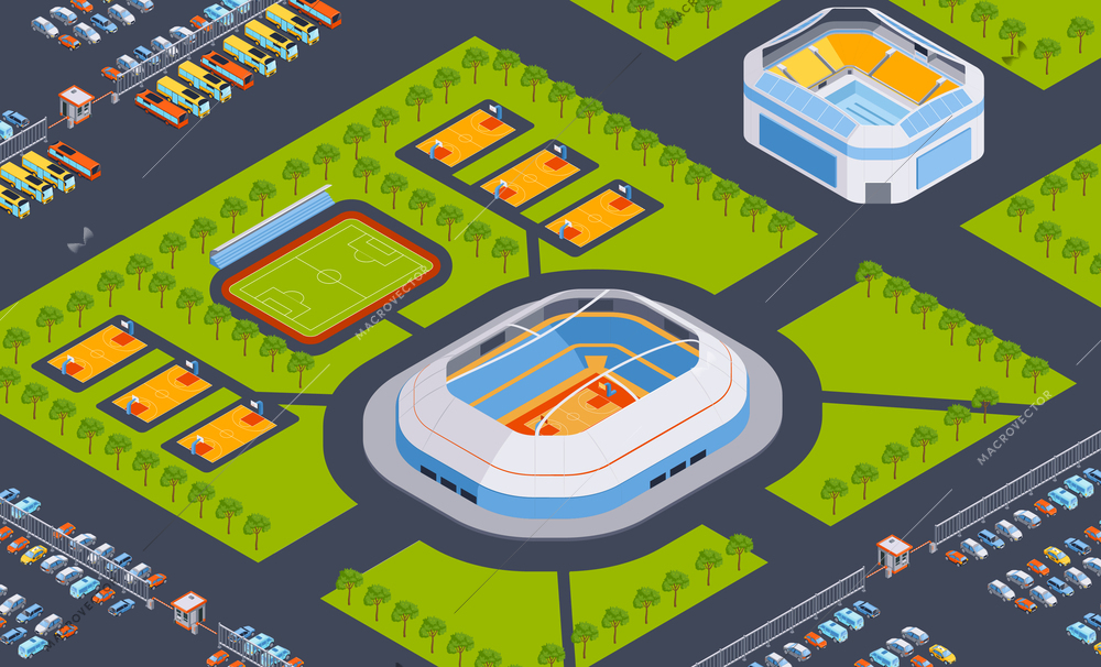 Isometric stadium composition with outdoor landscape and sports arenas with park area and parking lot cars vector illustration