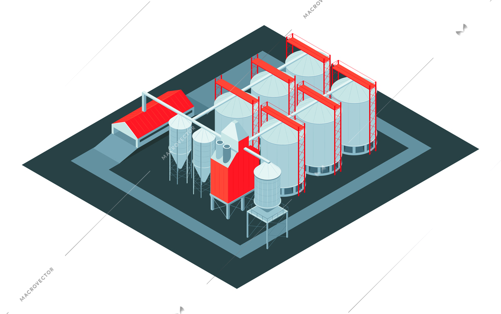 Isometric grain elevator composition with isolated view of stipping auger system with silos on blank background vector illustration