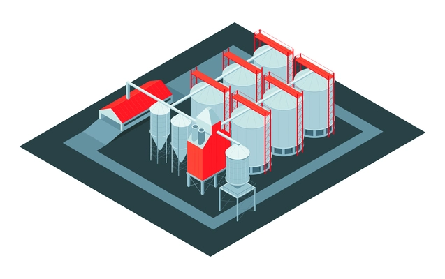 Isometric grain elevator composition with isolated view of stipping auger system with silos on blank background vector illustration