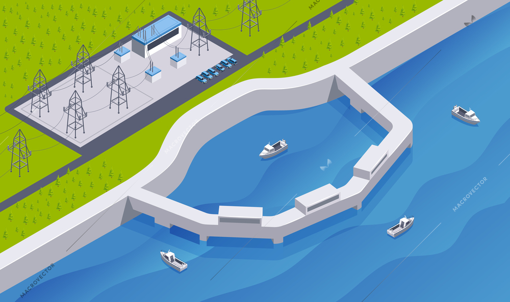 Isometric hydroelectric power station composition with outdoor scenery and ships with dam tidal and power lines vector illustration