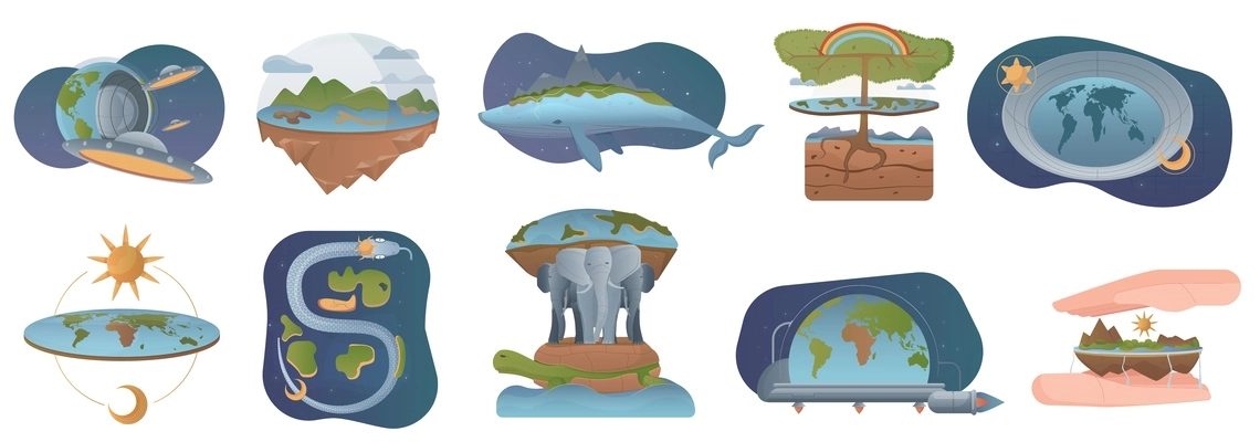 Earth theory set with flat isolated icons of whale three elephants and turtle with flying ufo vector illustration