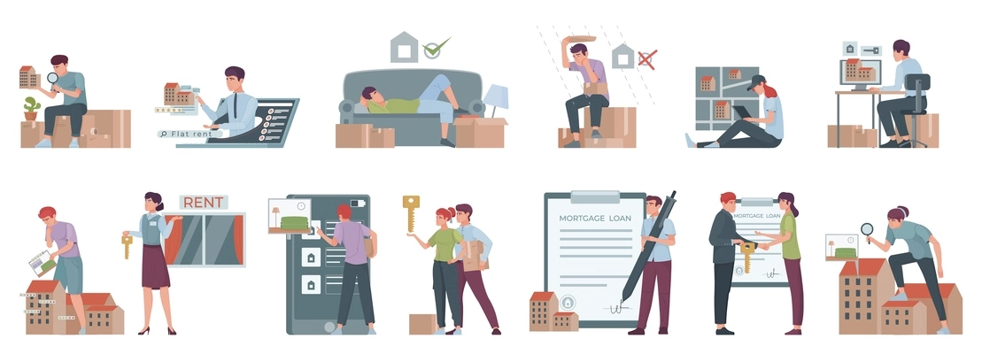 Rent apartment flat set of isolated icons with characters of owners renters houses keys and agreements vector illustration