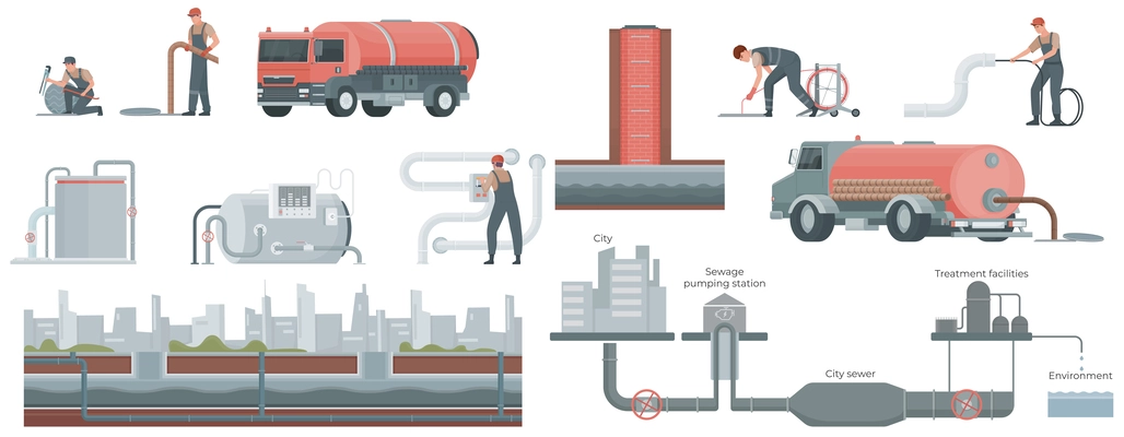 Sewerage water pipe flat set of isolated icons with workers infrastructure elements trucks and supply system vector illustration