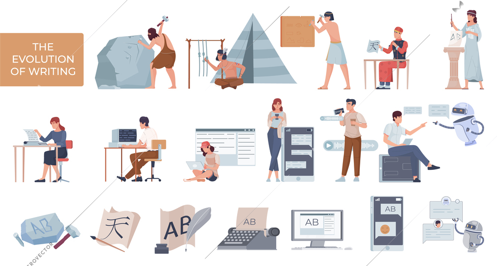 Evolution writing writer flat set of isolated icons with typewriters computers stones and doodle human characters vector illustration